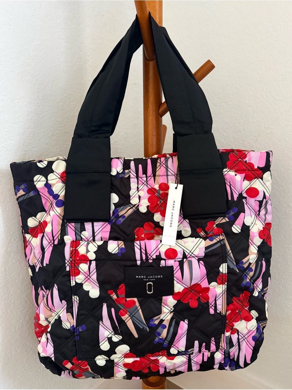 Marc Jacobs Quilted Floral Print Tote in Black with Pink & Red Accents new!!